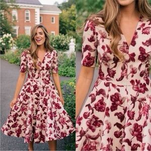 Gal Meets Glam Edith Cream and Maroon Floral Midi Dress